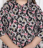 Plus Size Black Floral Print Flared Long Kurta-640