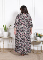 Plus Size Black Floral Print Flared Long Kurta-640
