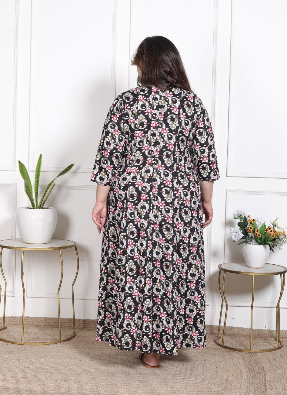 Plus Size Black Floral Print Flared Long Kurta-640
