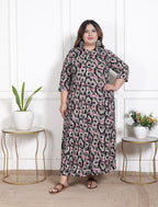 Plus Size Black Floral Print Flared Long Kurta-640
