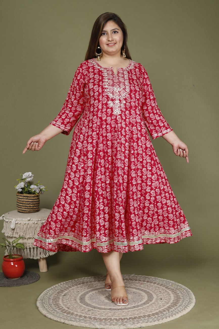 Plus Size Red Cotton Blend Printed Embroidered Flared long Kurta -642