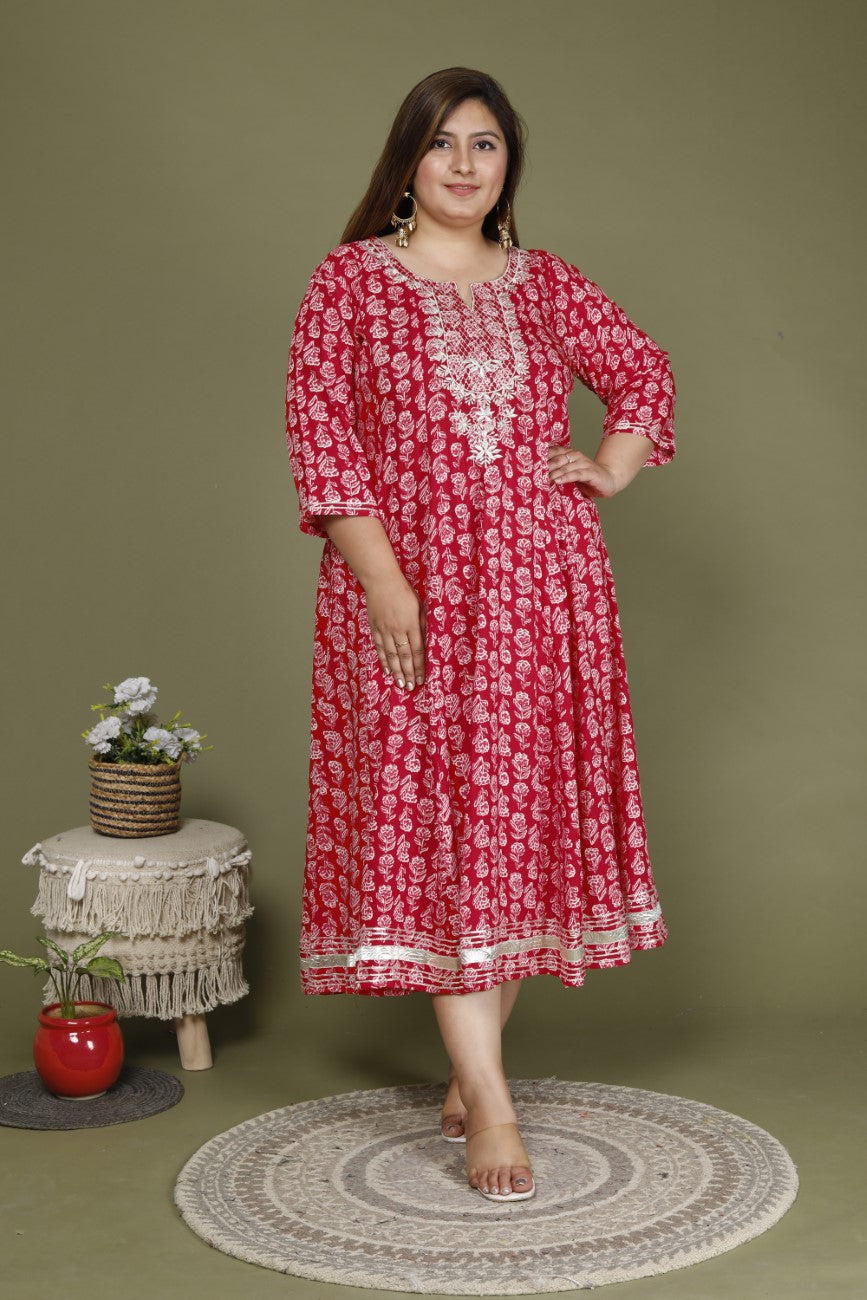 Plus Size Red Cotton Blend Printed Embroidered Flared long Kurta -642