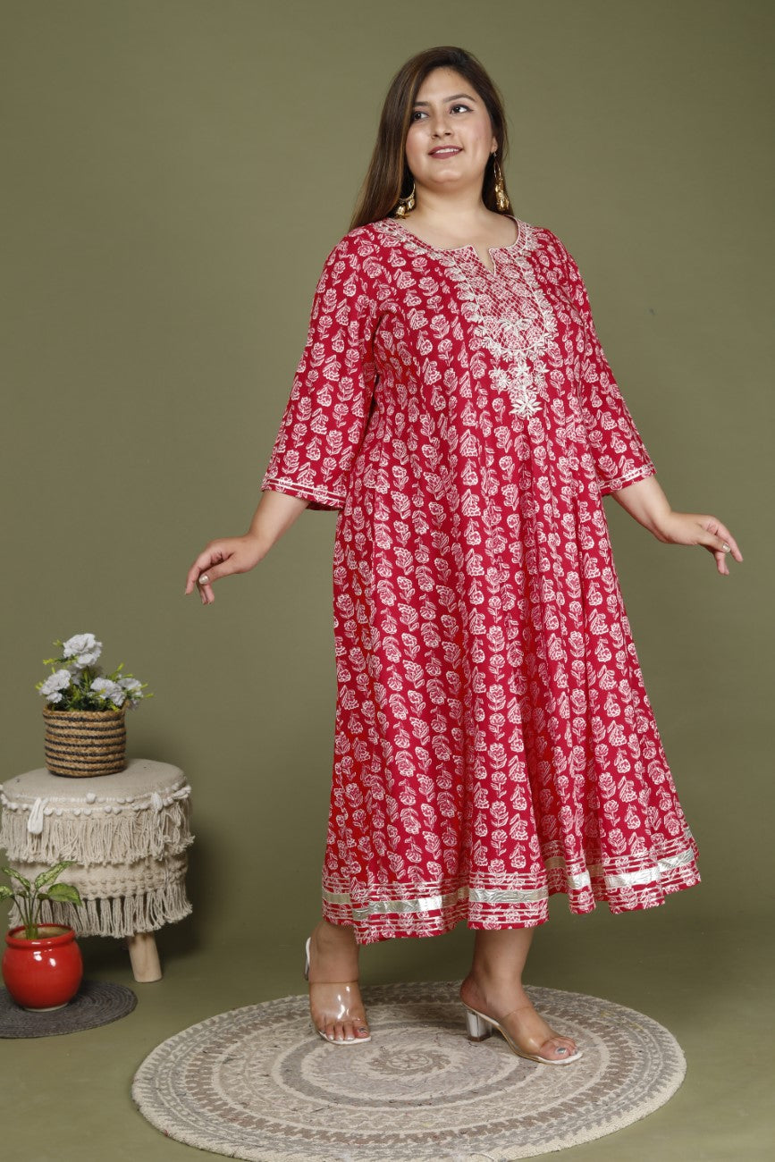 Plus Size Red Cotton Blend Printed Embroidered Flared long Kurta -642