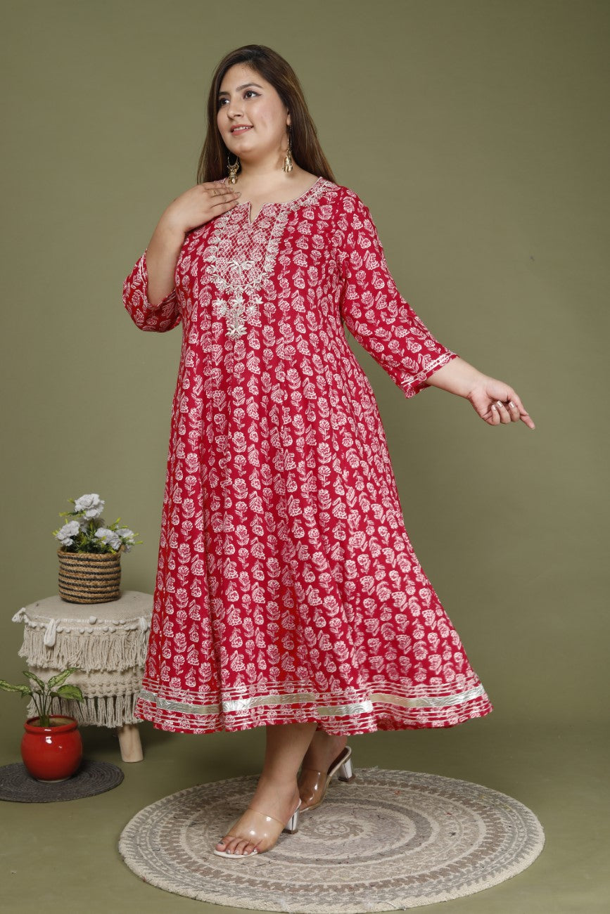 Plus Size Red Cotton Blend Printed Embroidered Flared long Kurta -642