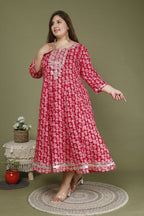 Plus Size Red Cotton Blend Printed Embroidered Flared long Kurta -642