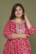 Plus Size Red Cotton Blend Printed Embroidered Flared long Kurta -642