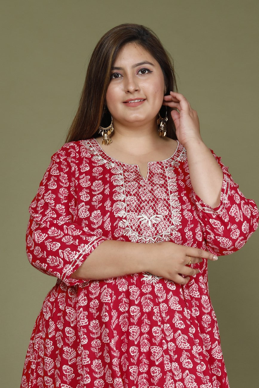 Plus Size Red Cotton Blend Printed Embroidered Flared long Kurta -642