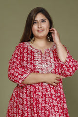 Plus Size Red Cotton Blend Printed Embroidered Flared long Kurta -642
