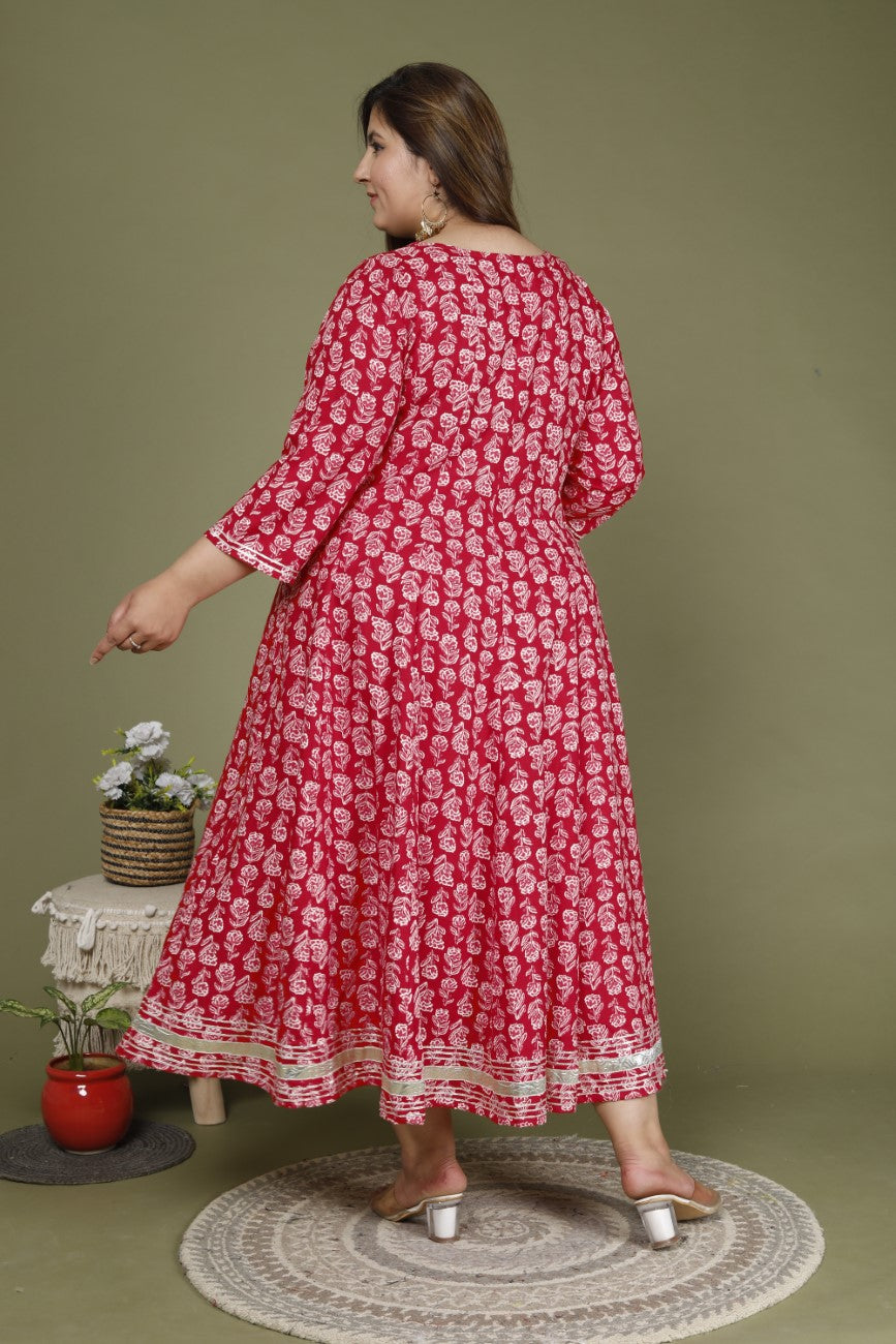 Plus Size Red Cotton Blend Printed Embroidered Flared long Kurta -642