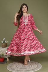 Plus Size Red Cotton Blend Printed Embroidered Flared long Kurta -642