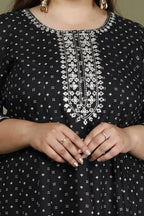 Plus Size Black Cotton Blend Polka Dot Print Embroidered Anarkali-643