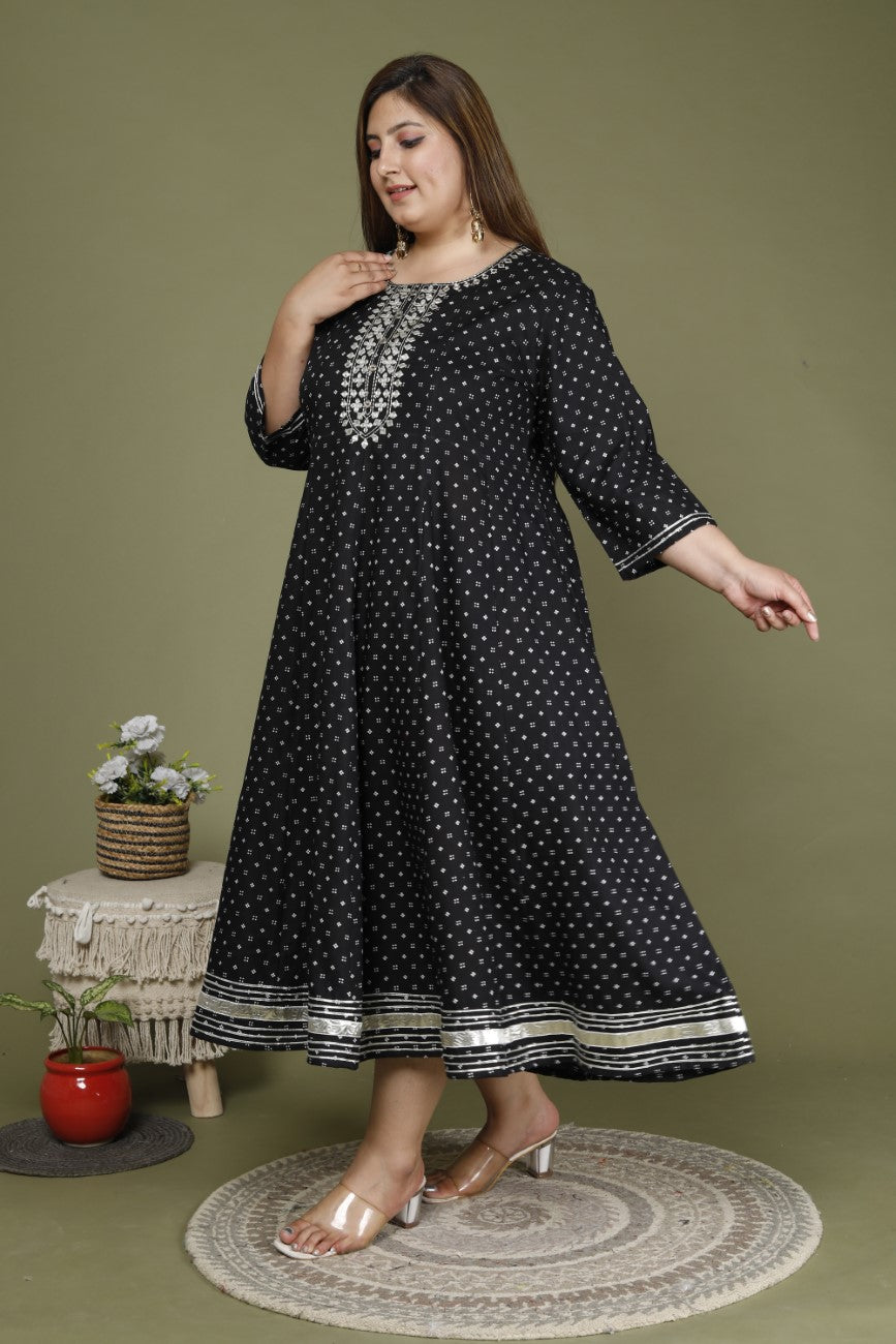 Plus Size Black Cotton Blend Polka Dot Print Embroidered Anarkali-643