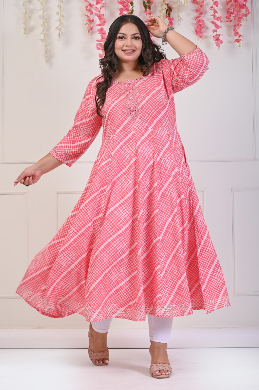 Plus Size Peach Leheriya Print Flared Long Kurta-685