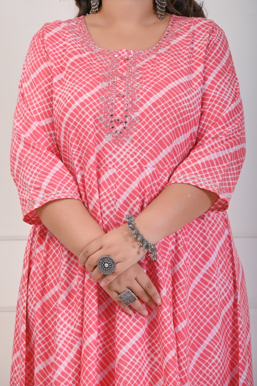 Plus Size Peach Leheriya Print Flared Long Kurta-685