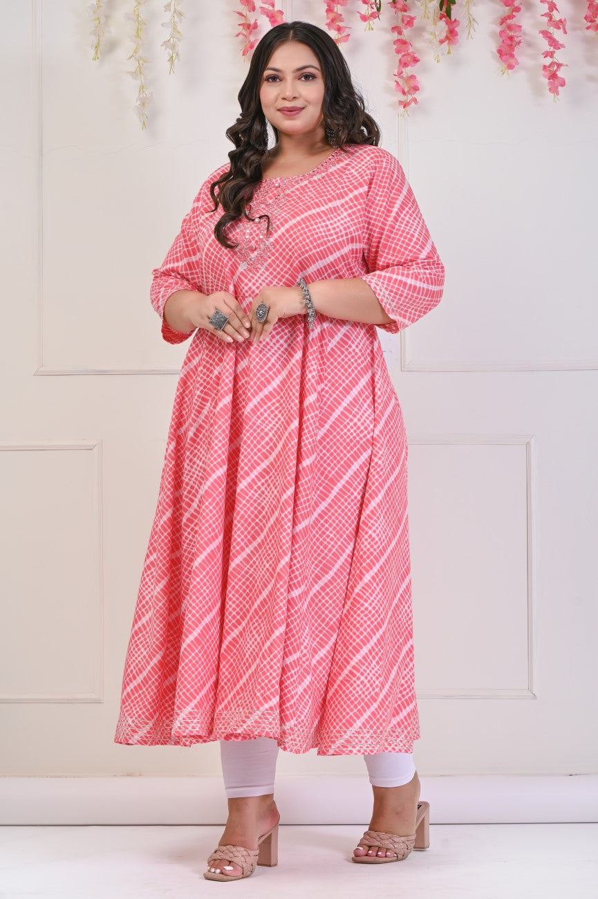 Plus Size Peach Leheriya Print Flared Long Kurta-685