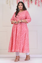 Plus Size Peach Leheriya Print Flared Long Kurta-685