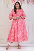 Plus Size Peach Leheriya Print Flared Long Kurta-685