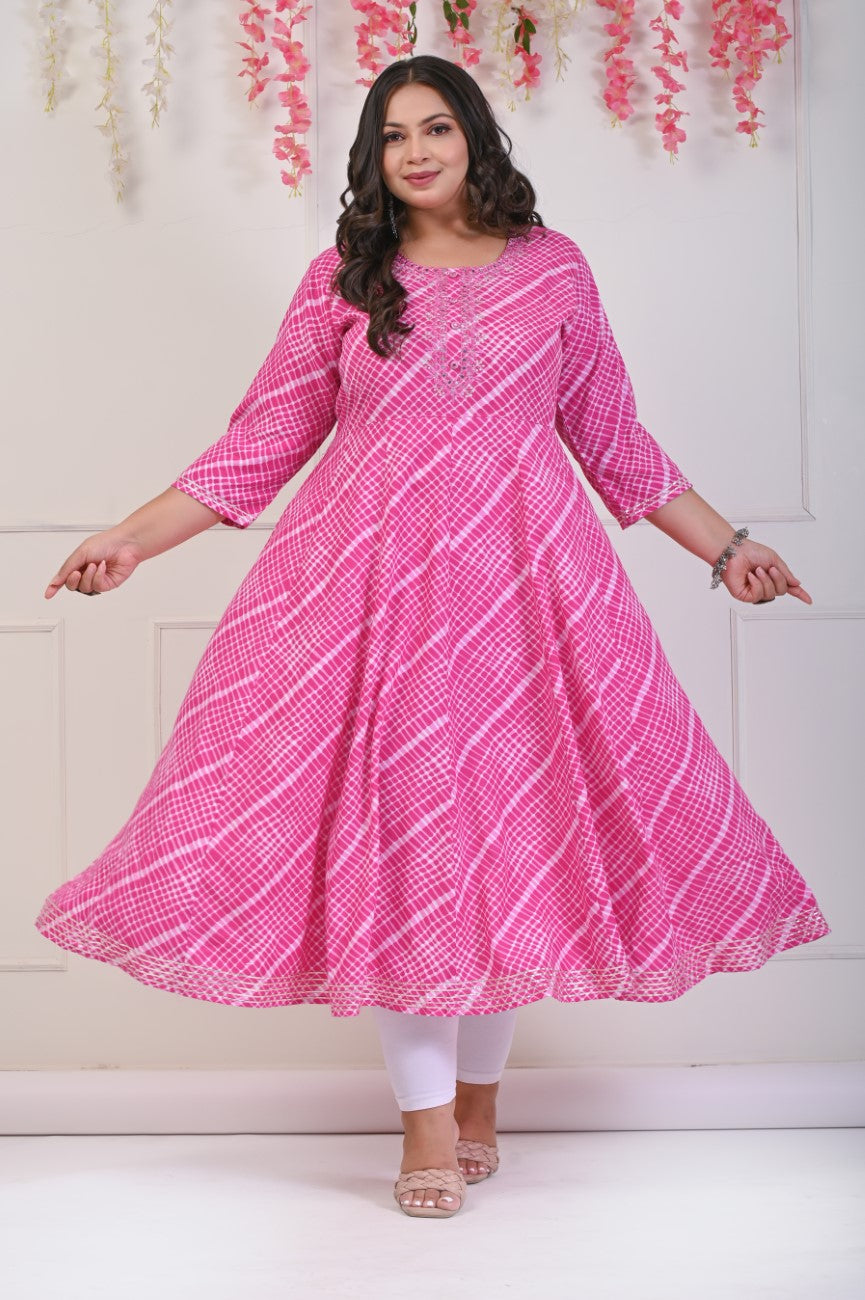 Plus Size Pink Leheriya Print Flared Long Kurta-686