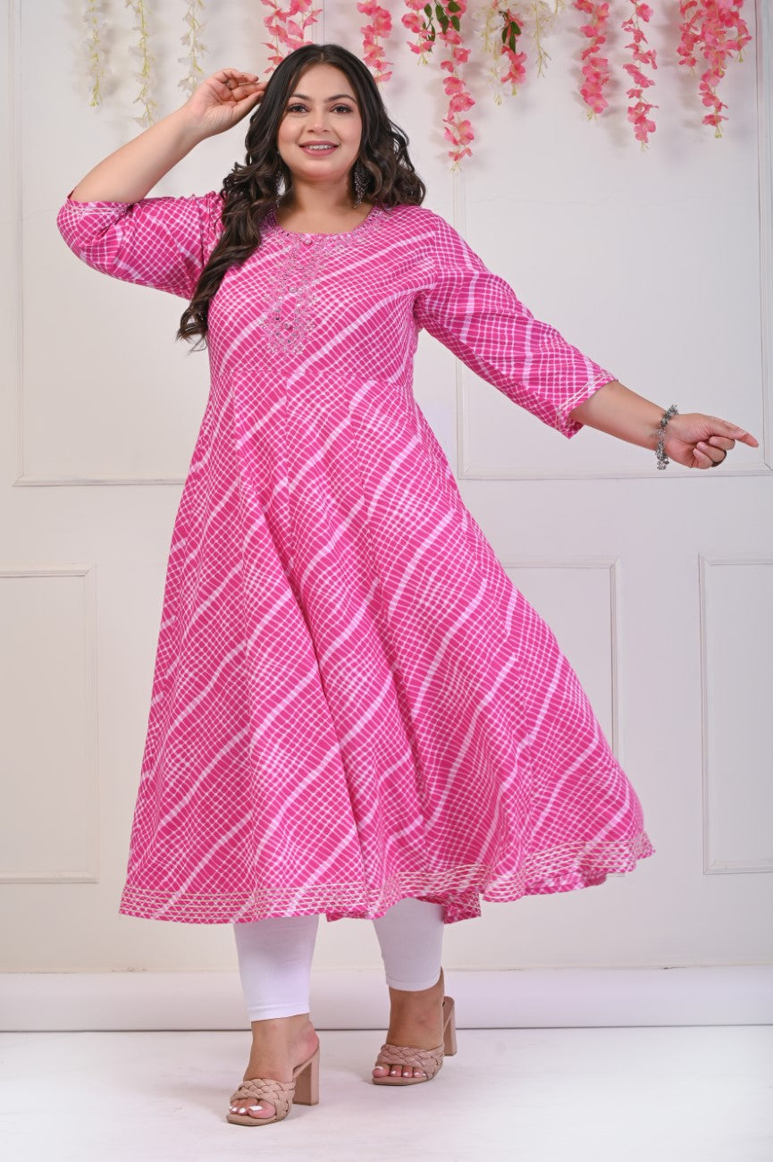 Plus Size Pink Leheriya Print Flared Long Kurta-686