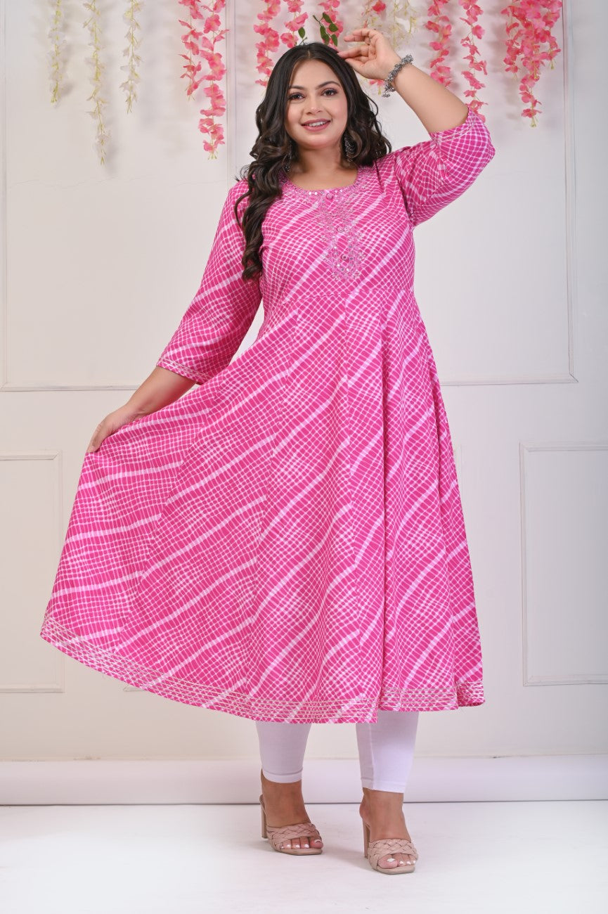 Plus Size Pink Leheriya Print Flared Long Kurta-686
