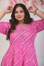 Plus Size Pink Leheriya Print Flared Long Kurta-686