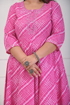 Plus Size Pink Leheriya Print Flared Long Kurta-686
