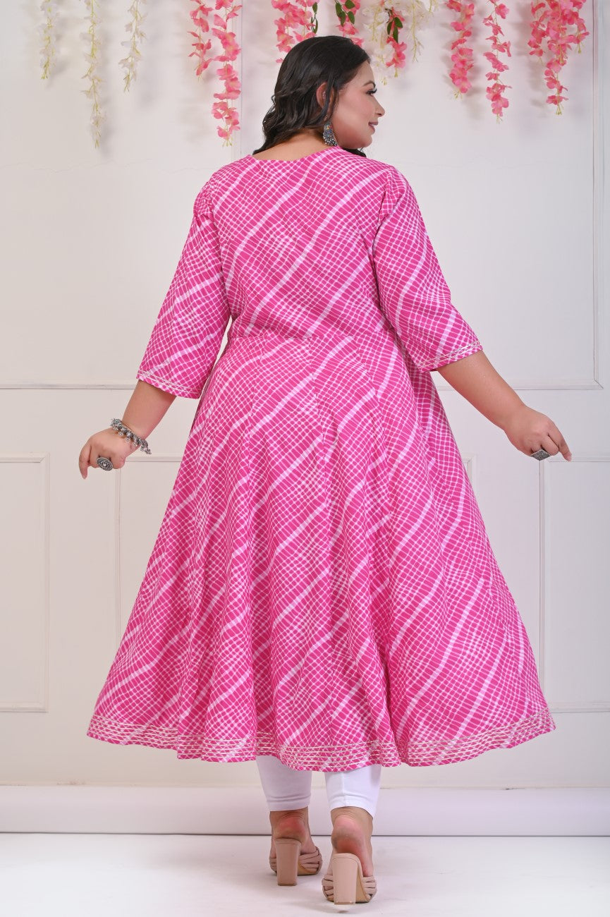 Plus Size Pink Leheriya Print Flared Long Kurta-686