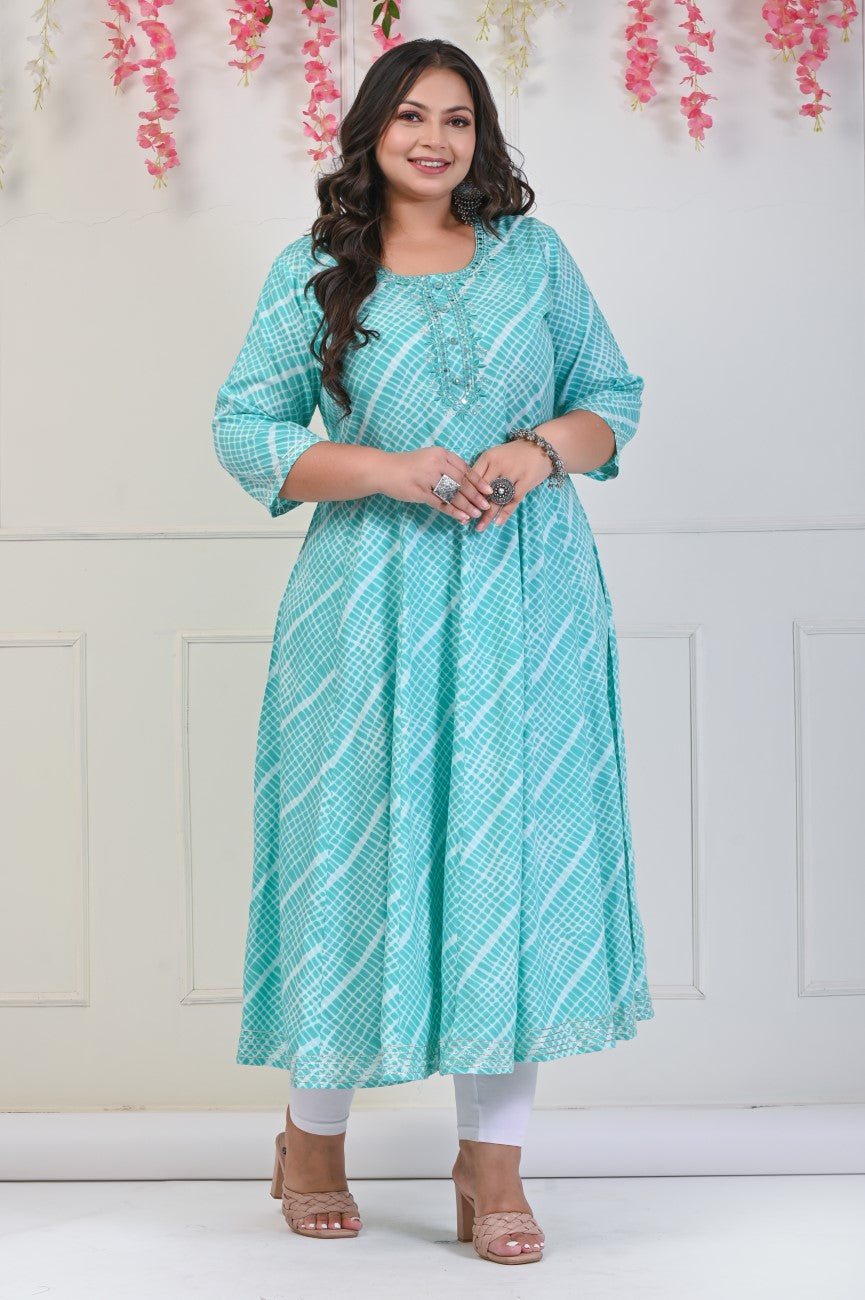 Plus Size Rama Green Leheriya Print Flared Long Kurta-688