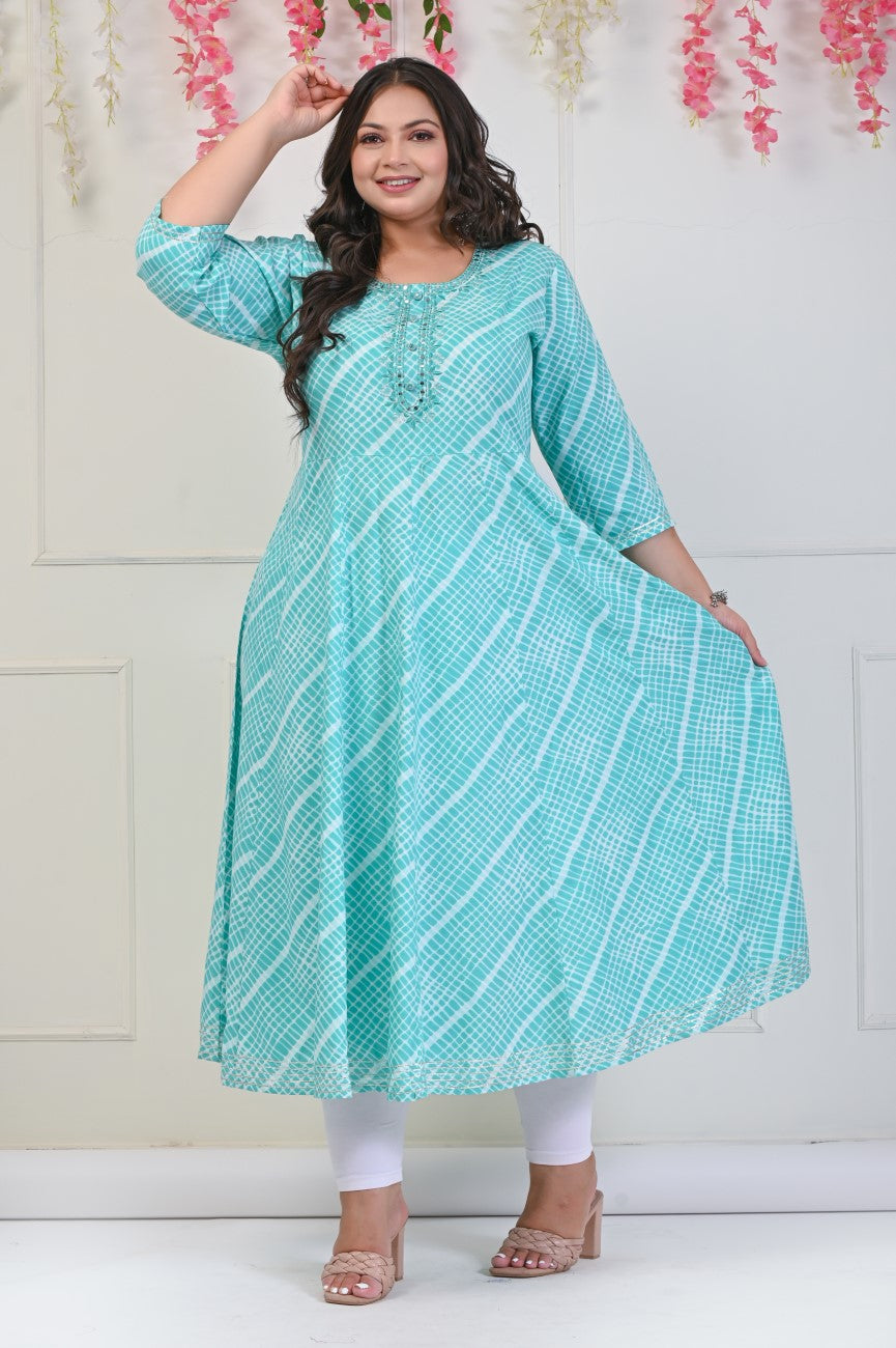Plus Size Rama Green Leheriya Print Flared Long Kurta-688