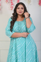Plus Size Rama Green Leheriya Print Flared Long Kurta-688