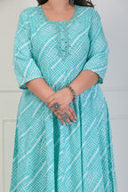 Plus Size Rama Green Leheriya Print Flared Long Kurta-688