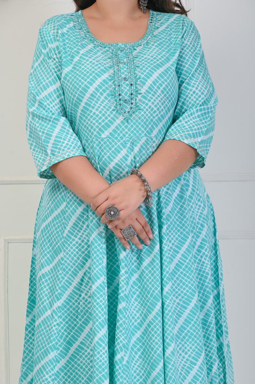 Plus Size Rama Green Leheriya Print Flared Long Kurta-688