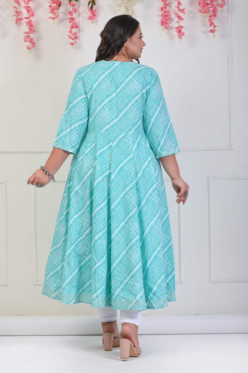 Plus Size Rama Green Leheriya Print Flared Long Kurta-688 Secondary image
