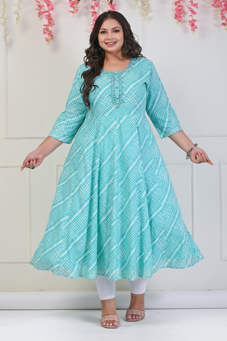Plus Size Rama Green Leheriya Print Flared Long Kurta-688 Main image