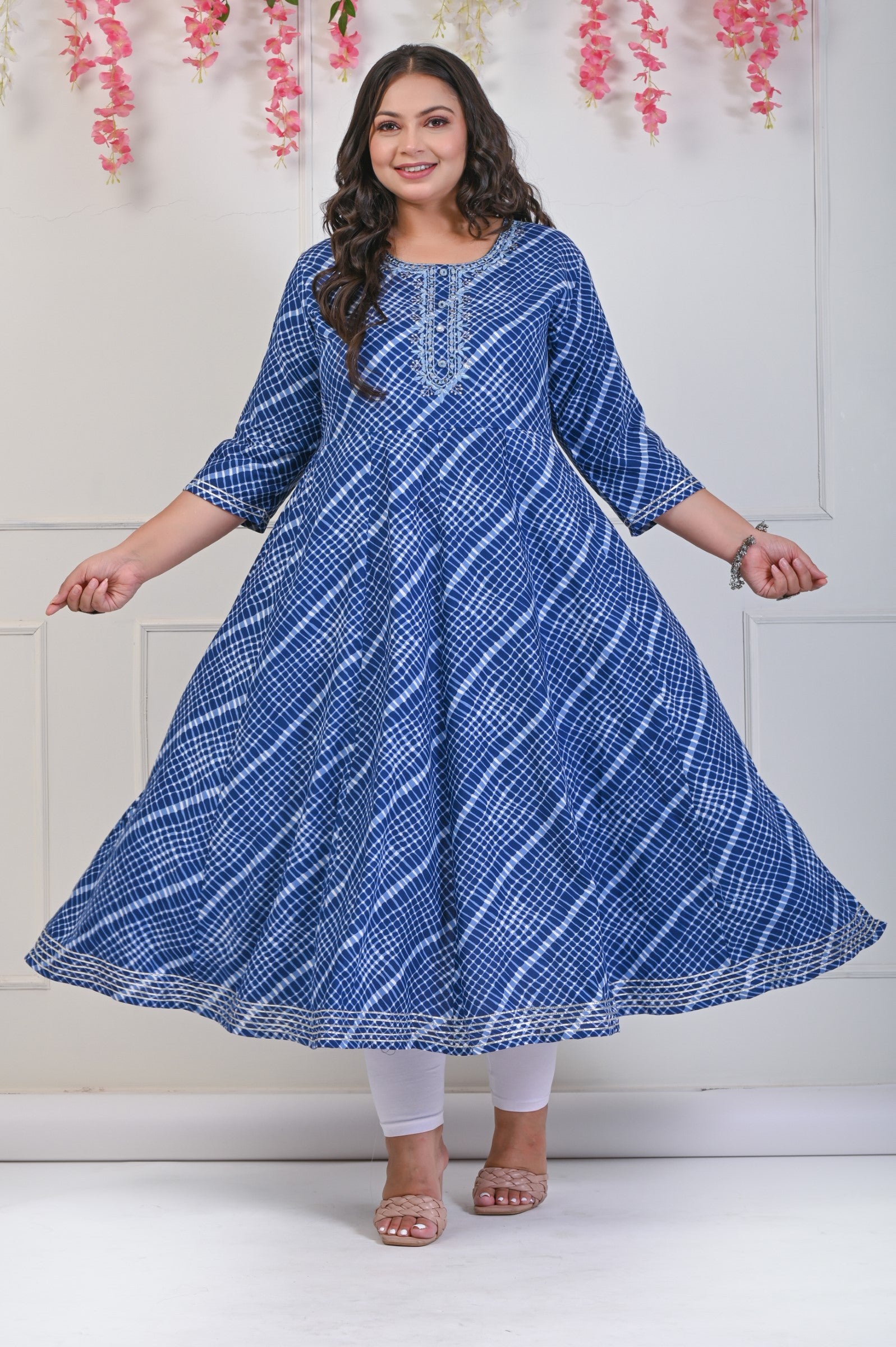 Plus Size Navy Blue Leheriya Print Flared Long Kurta-689