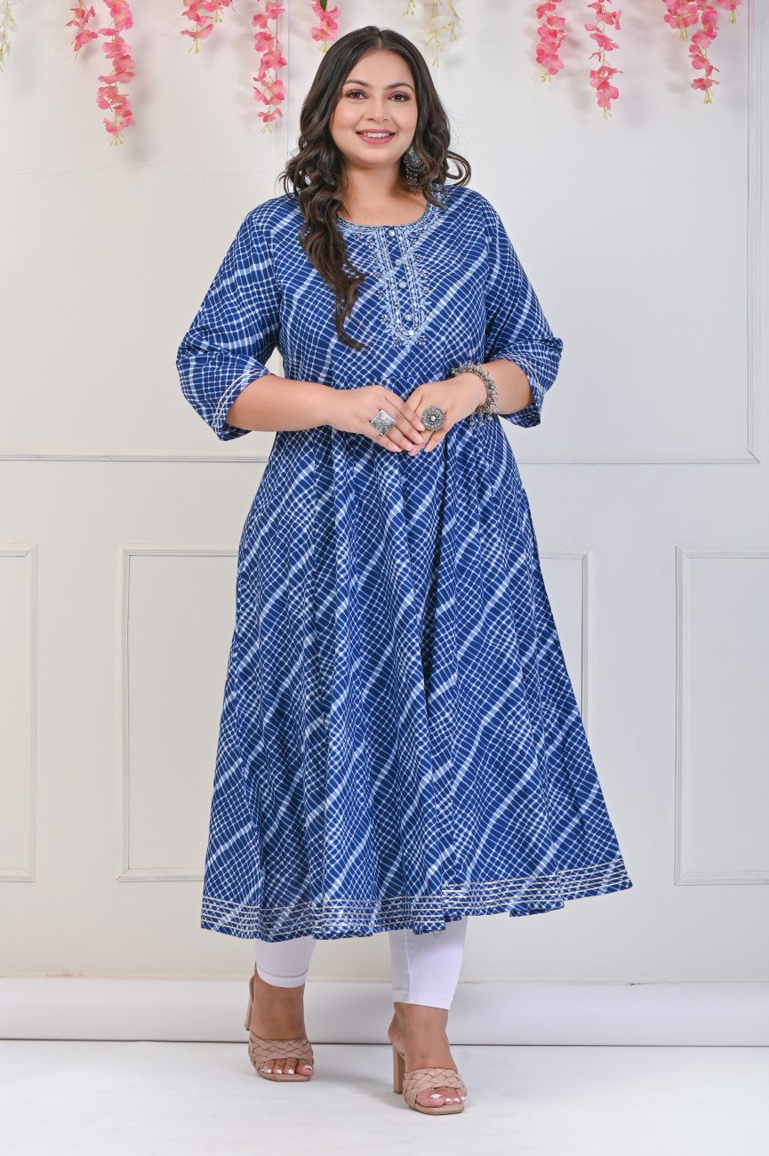 Plus Size Navy Blue Leheriya Print Flared Long Kurta-689