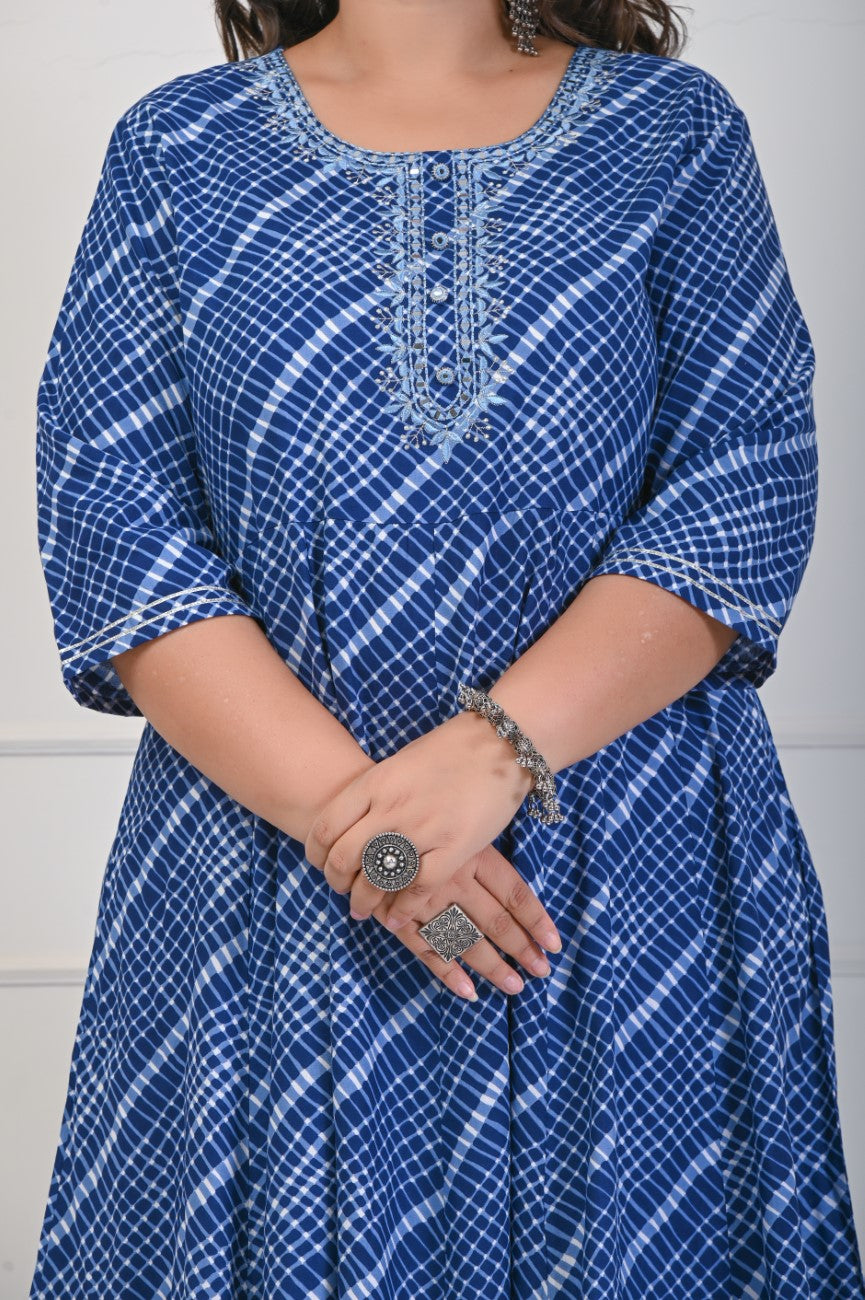 Plus Size Navy Blue Leheriya Print Flared Long Kurta-689
