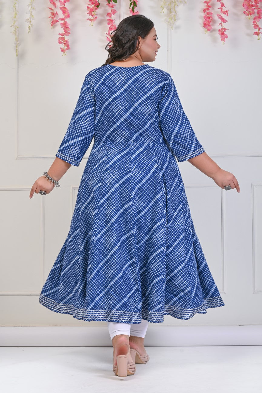 Plus Size Navy Blue Leheriya Print Flared Long Kurta-689
