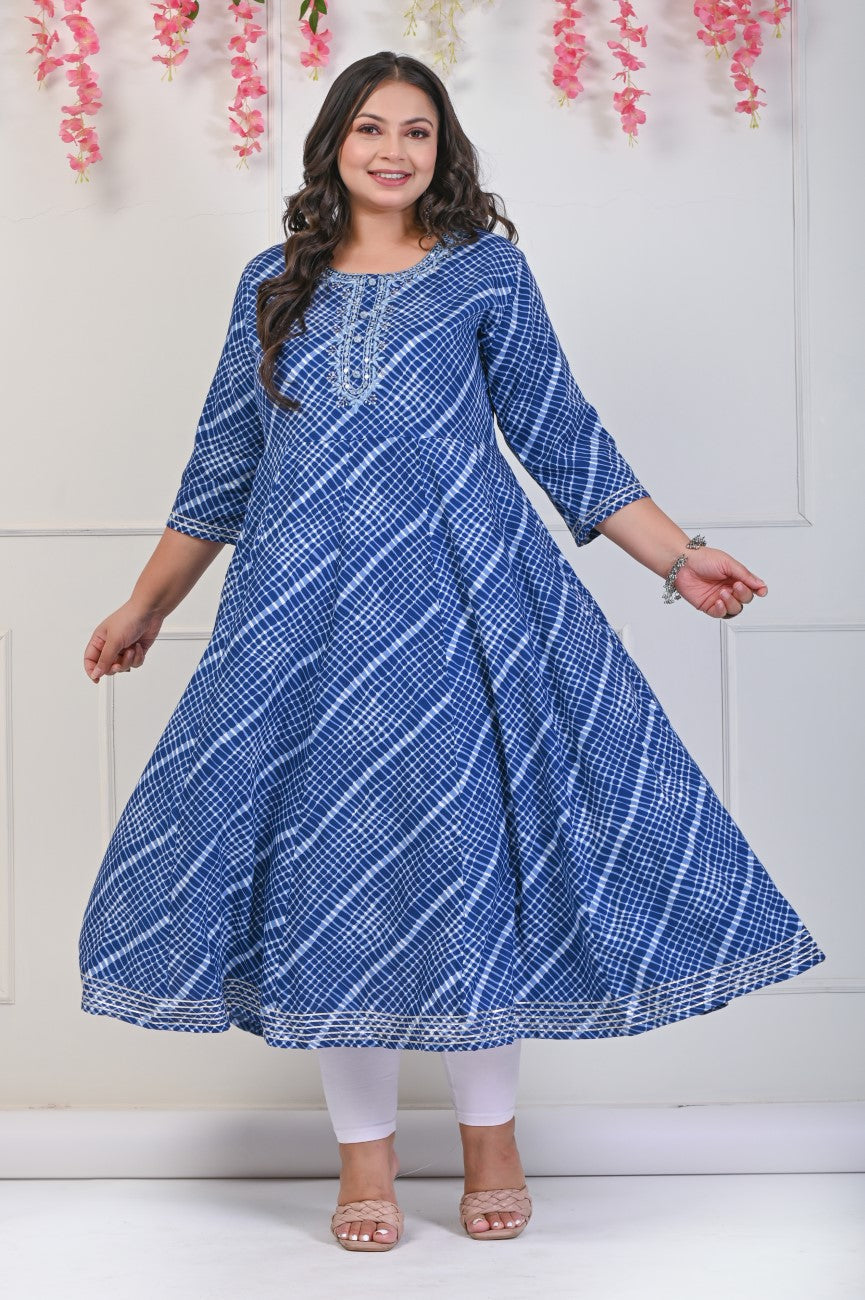Plus Size Navy Blue Leheriya Print Flared Long Kurta-689