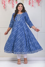Plus Size Navy Blue Leheriya Print Flared Long Kurta-689