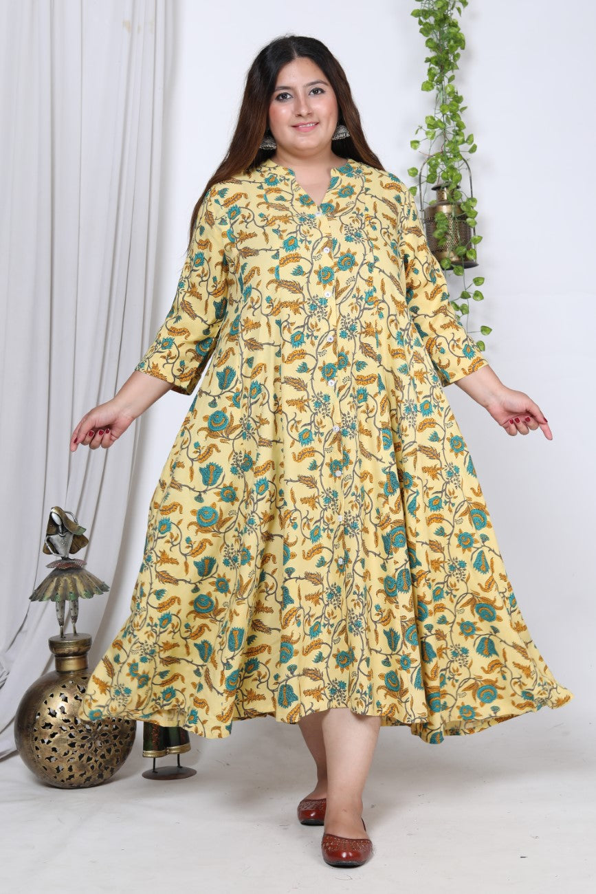 Plus Size Yellow Floral Print Flared Long Kurta-713 Secondary image