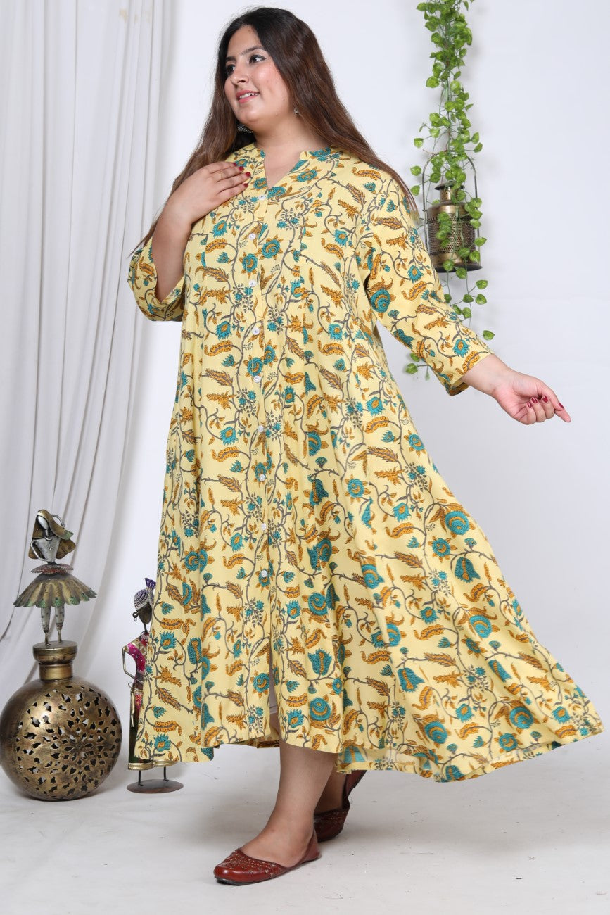 Plus Size Yellow Floral Print Flared Long Kurta-713