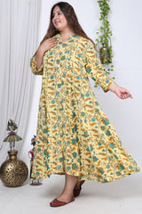 Plus Size Yellow Floral Print Flared Long Kurta-713