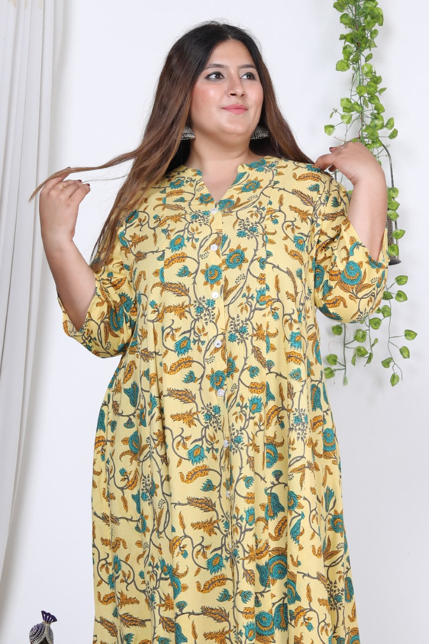 Plus Size Yellow Floral Print Flared Long Kurta-713