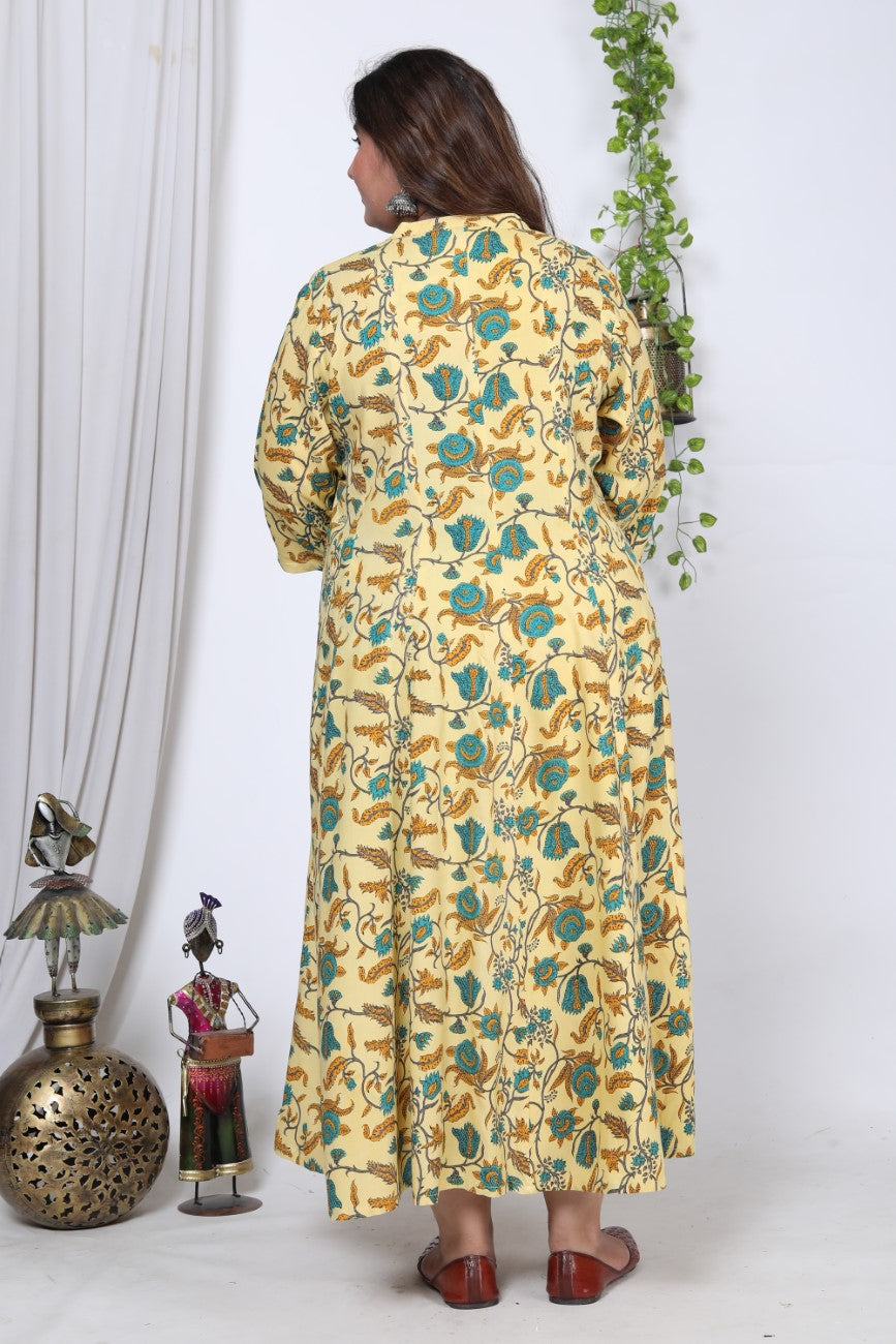 Plus Size Yellow Floral Print Flared Long Kurta-713