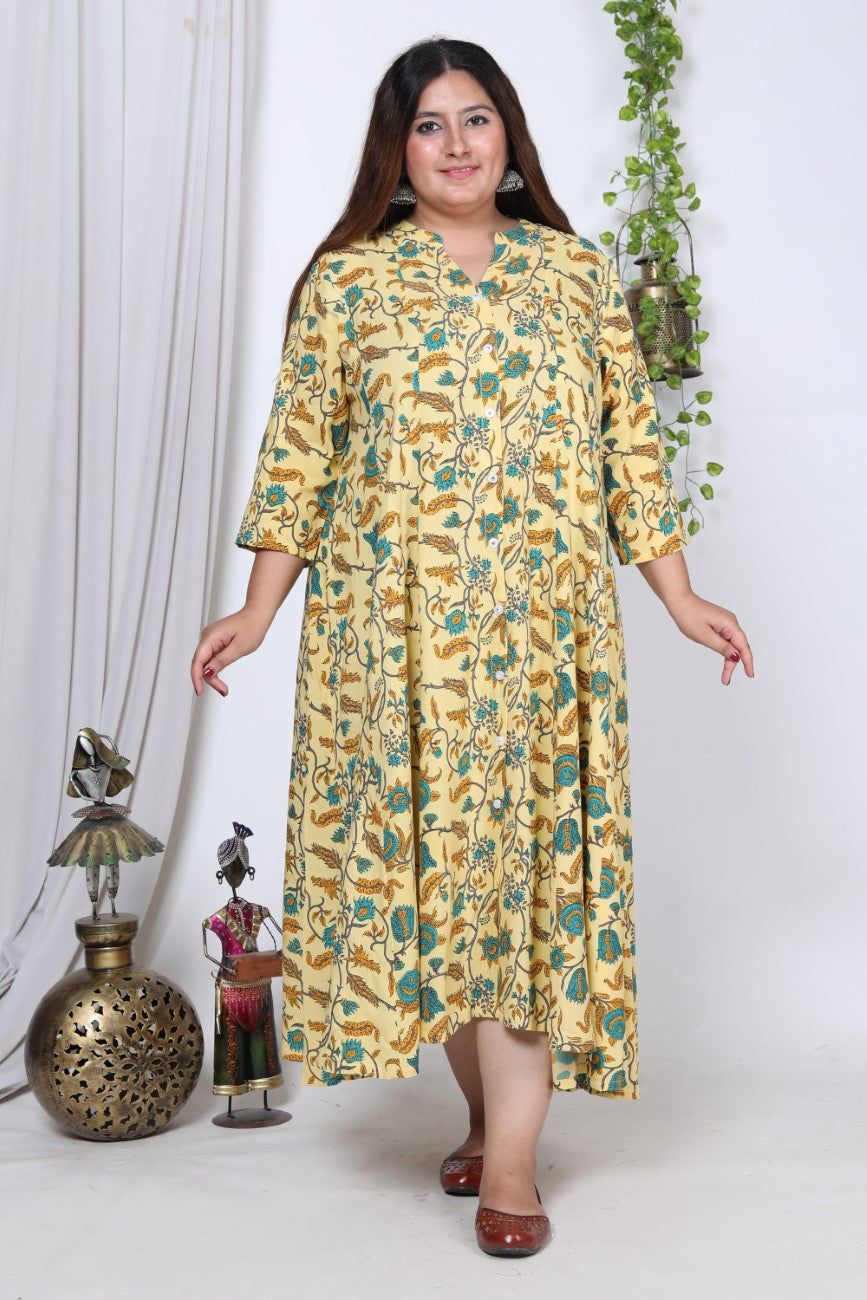Plus Size Yellow Floral Print Flared Long Kurta-713