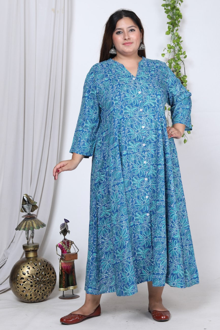 Plus Size Blue Floral Print Flared Long Kurta-714