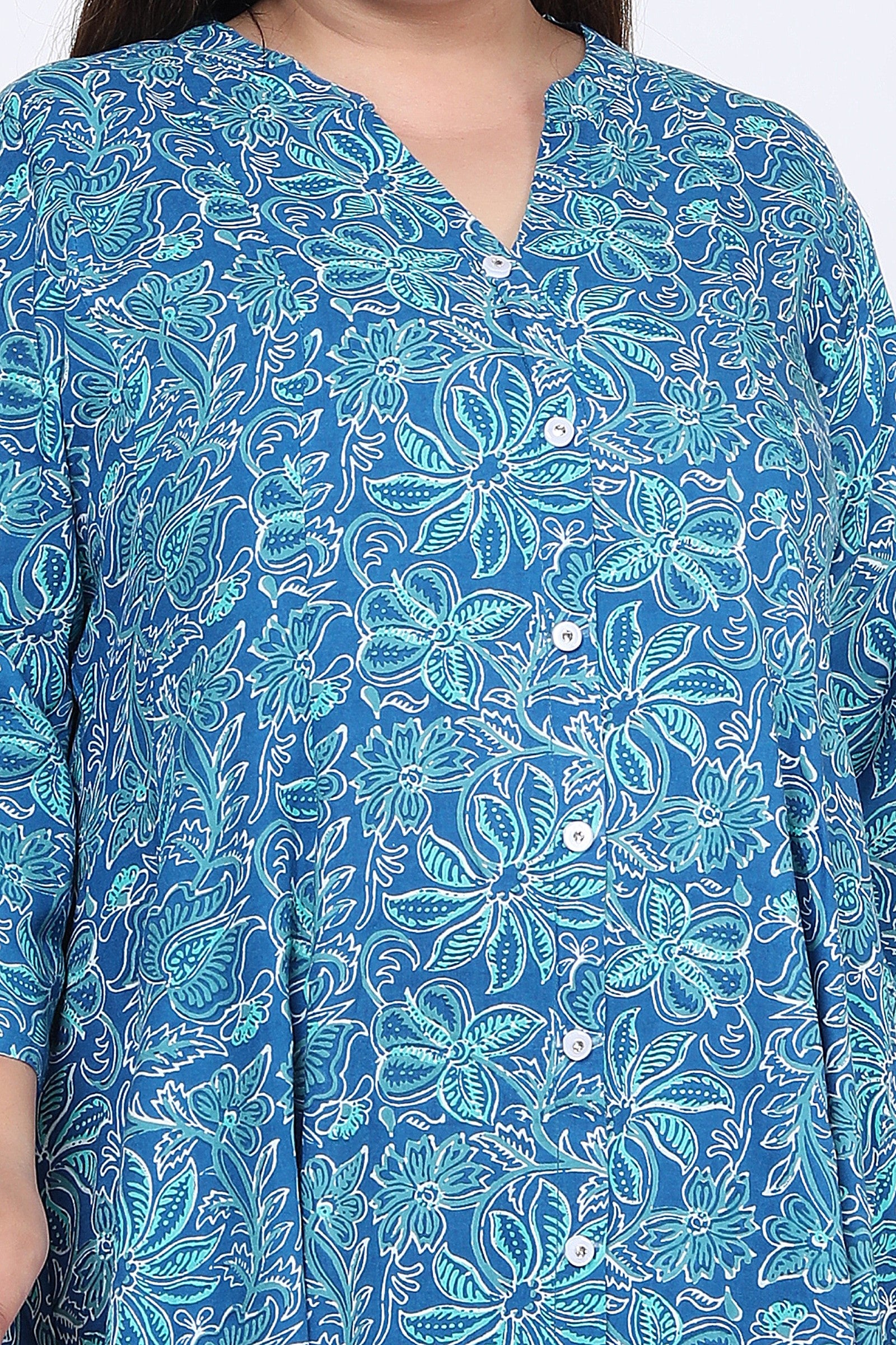 Plus Size Blue Floral Print Flared Long Kurta-714