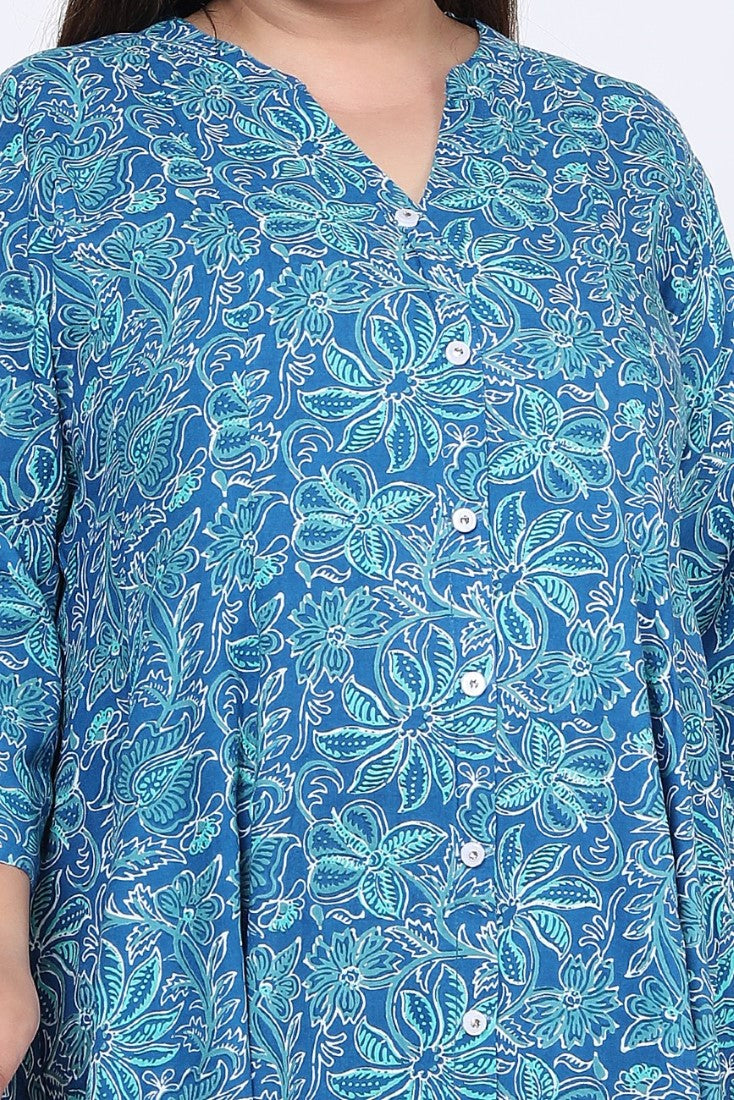 Plus Size Blue Floral Print Flared Long Kurta-714