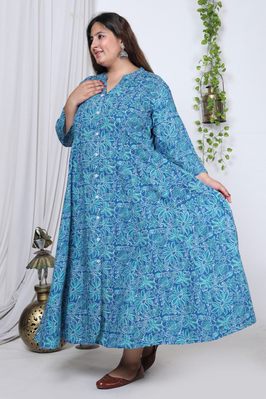 Plus Size Blue Floral Print Flared Long Kurta-714
